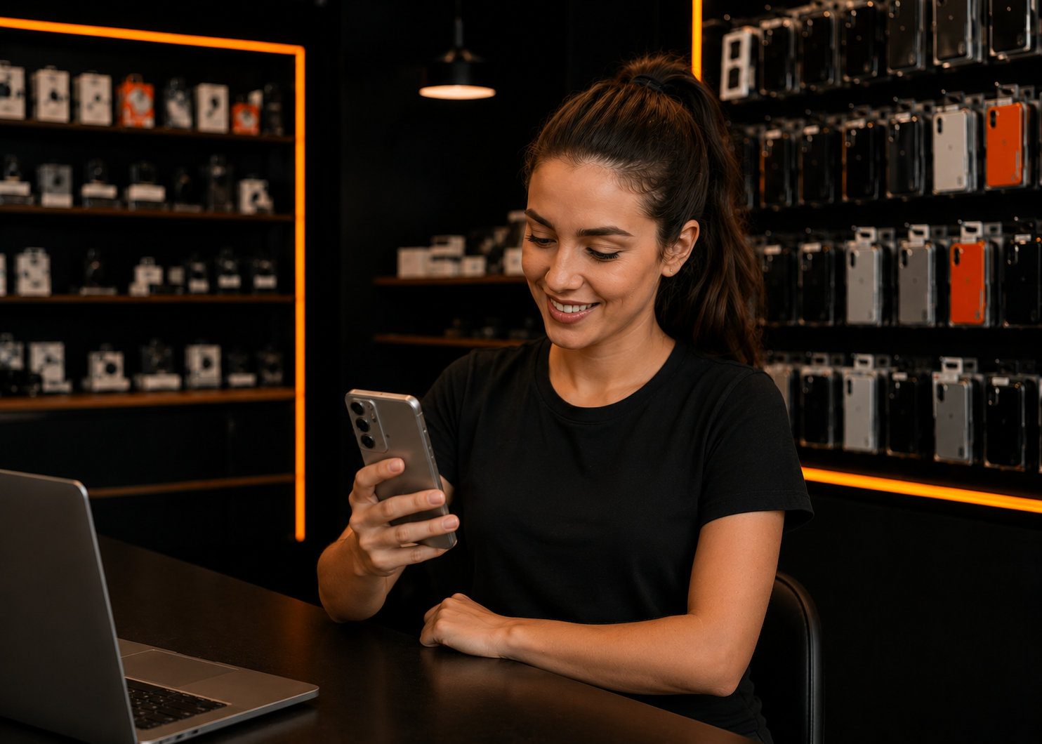 Mulher usando o smartphone ao lado do notebook