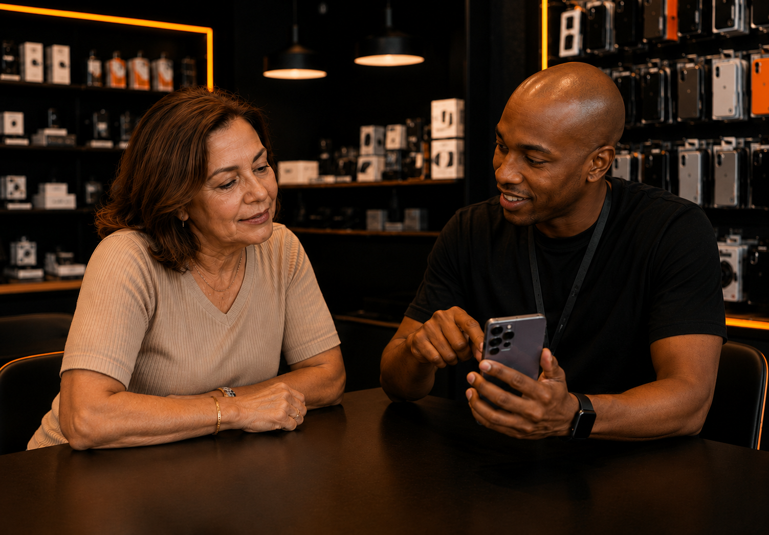 Consultor orientando uma mulher sobre o uso do smartphone