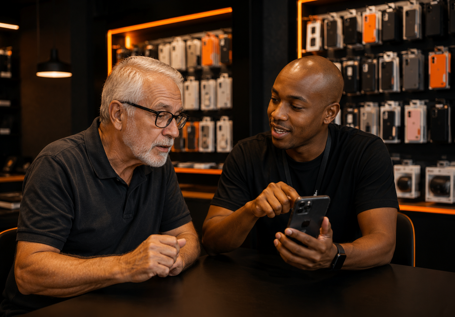 Consultor orientando um senhor sobre o uso do smartphone