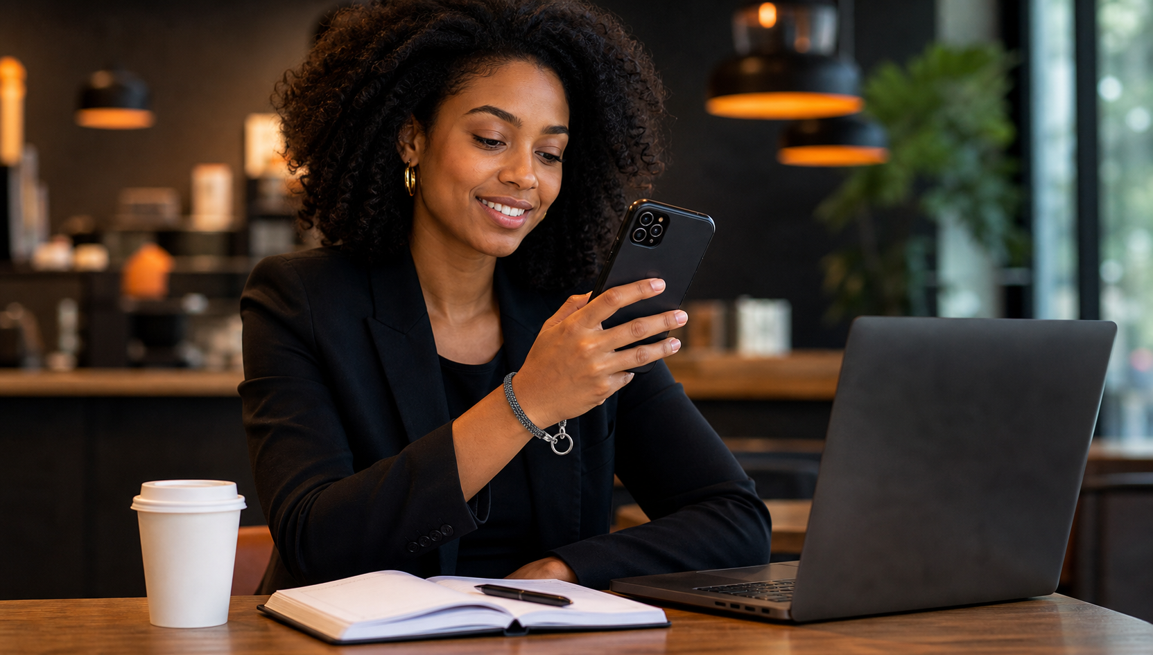 Mulher usando alça de pulso para celular em um café com notebook