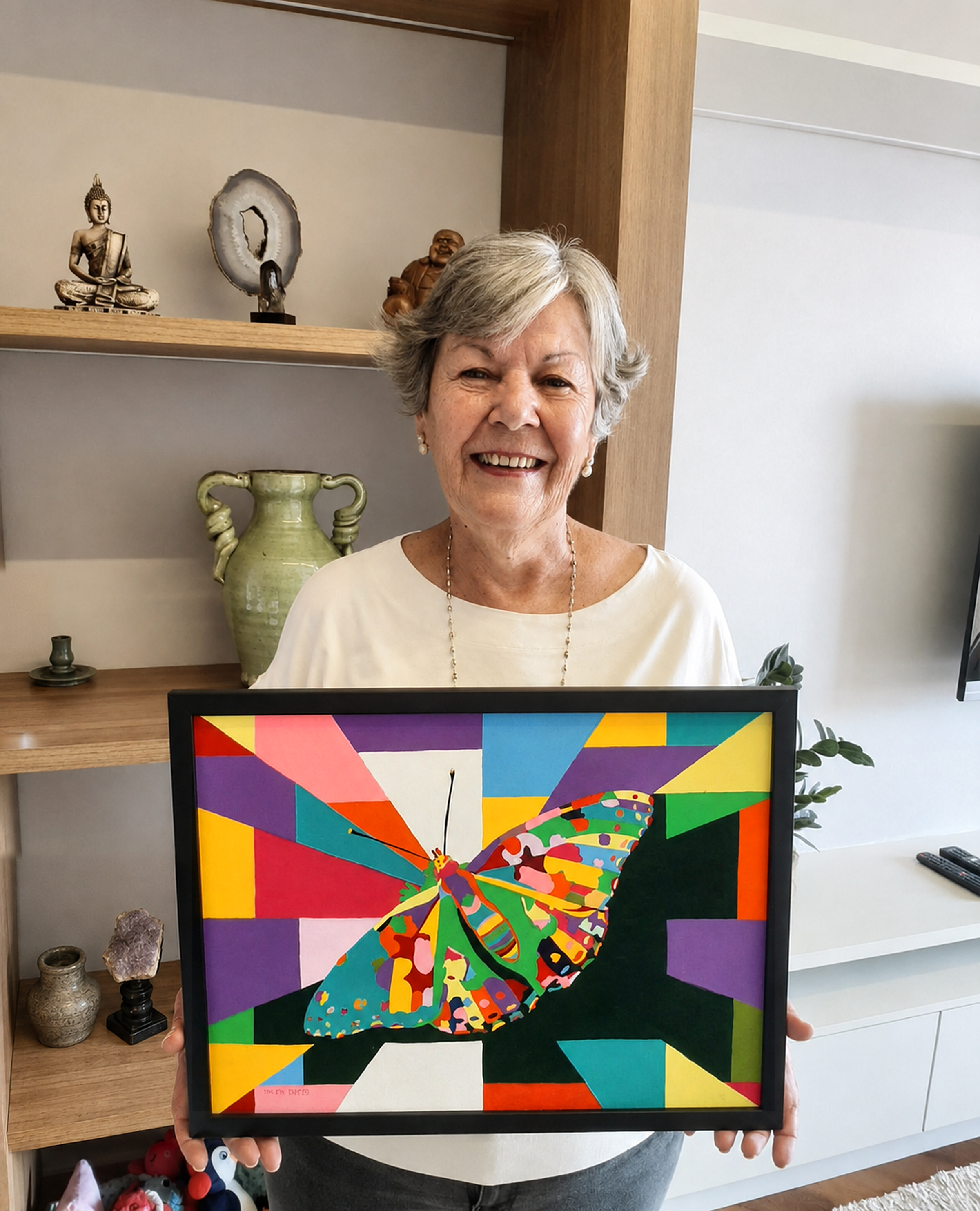 A artista plástica Telma Ramos segurando uma de suas obras, uma composição colorida com uma borboleta.