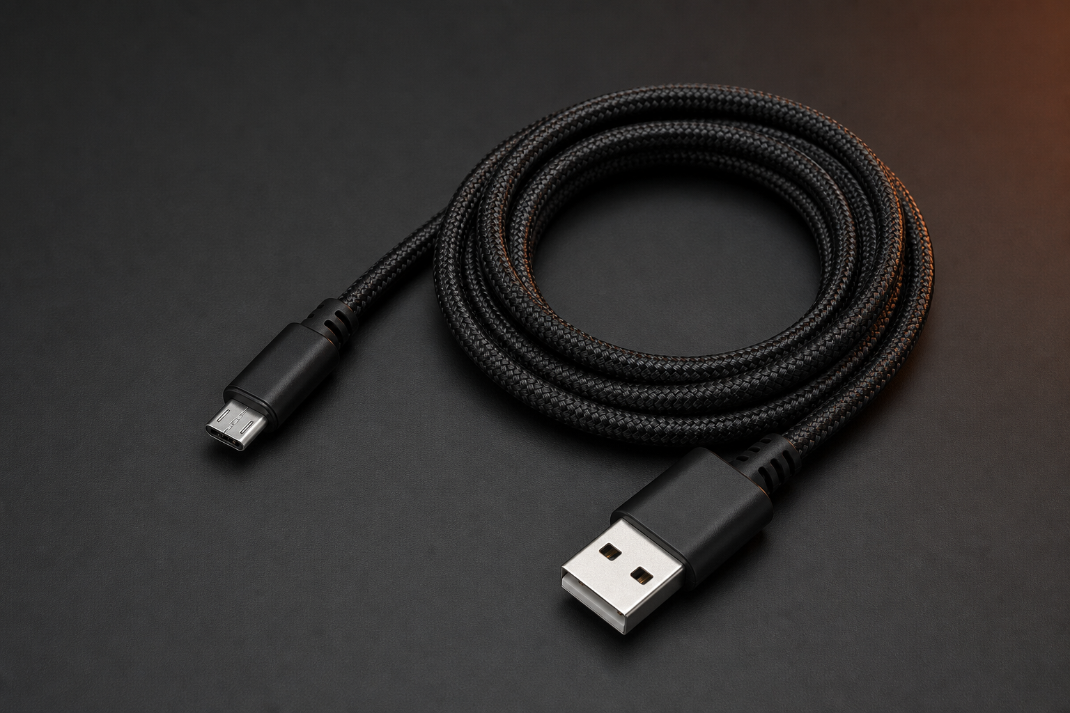 Cabo Micro USB V8 sobre fundo escuro